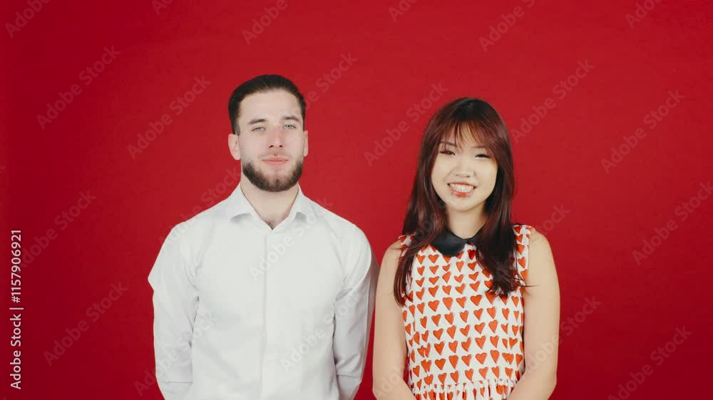 A happy couple of different nationalities stands against a red background, smiling joyfully and celebrating Valentines Day with love and unity A happy couple of different nationalities stands against a red background, smiling joyfully and celebrating Valentines Day with love and unity
