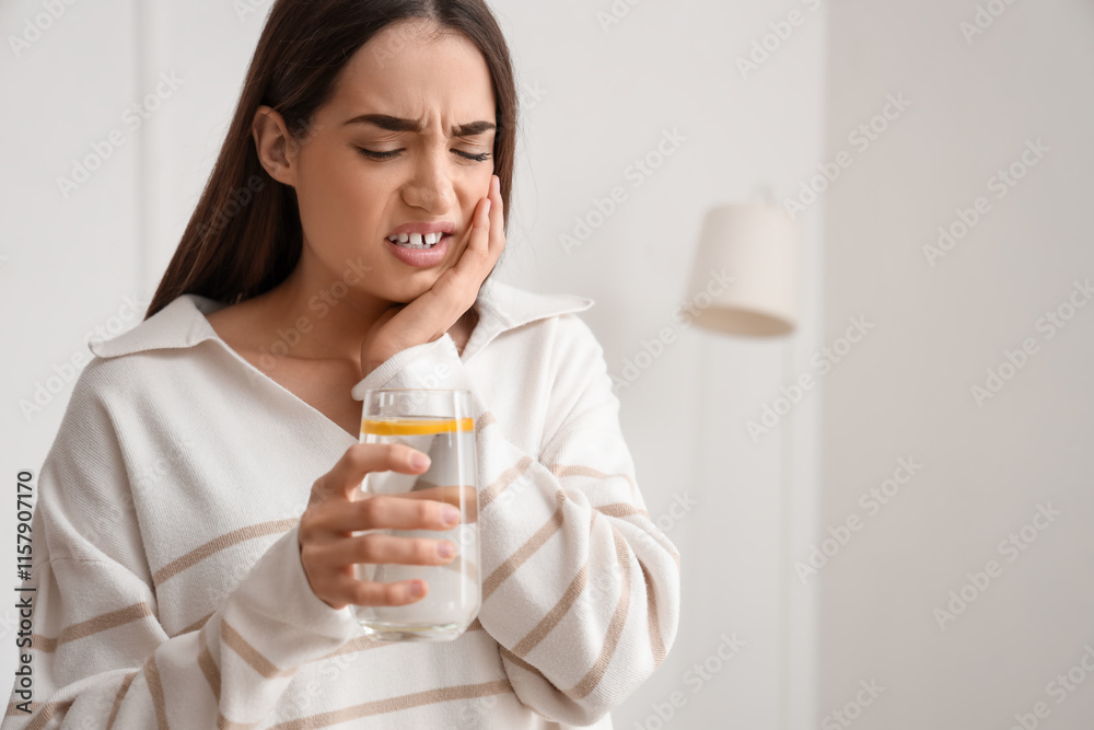 Young woman with lemon water suffering from toothache in bedroom Young woman with lemon water suffering from toothache in bedroom