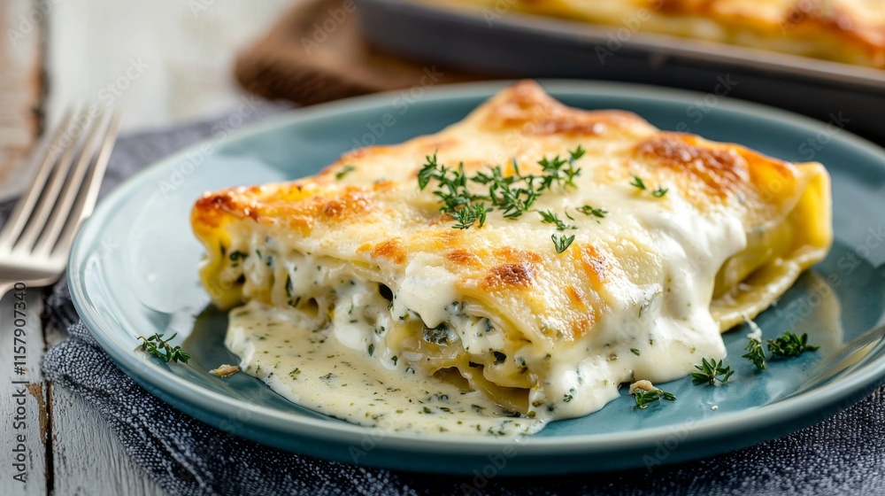 A mouthwatering serving of lasagna topped with a creamy herb sauce, garnished with sprigs of fresh thyme, showcasing a delectable homemade Italian dish. A mouthwatering serving of lasagna topped with a creamy herb sauce, garnished with sprigs of fresh thyme, showcasing a delectable homemade Italian dish.