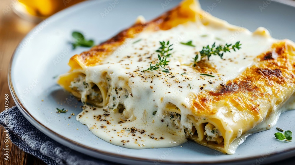 A scrumptious serving of golden-baked cannelloni, generously filled with herbs and cheese, topped with luscious melted cheese and garnished with thyme. A scrumptious serving of golden-baked cannelloni, generously filled with herbs and cheese, topped with luscious melted cheese and garnished with thyme.