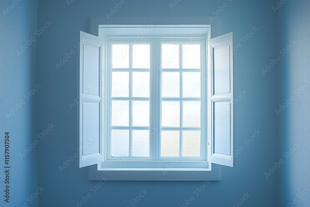 Bright open window with sunlight streaming in a blue room. fresh air and freedom concept Bright open window with sunlight streaming in a blue room. fresh air and freedom concept