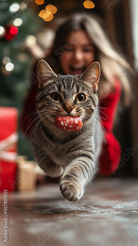 A cat is running across the floor with a piece of sausage in its mouth, and a surprised woman is following it. The cat stole the sausage and is running away.