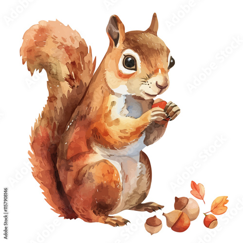 A watercolor painting of a squirrel gathering acorns, isolated on a white background. Squirrel vector.
