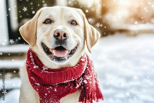 Labrador retriever wearing red scarf outdoors in snow. winter companionship photo