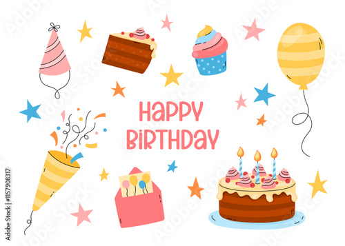Happy Birthday greeting card. Vector illustration. Cute fun elements. Funny flat colorful hand drawn kid bday card design