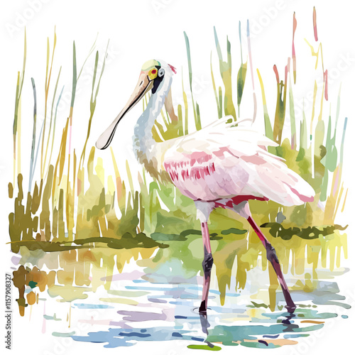A watercolor drawing of a spoonbill wading through wetlands, isolated on a white background. Spoonbill vector.
