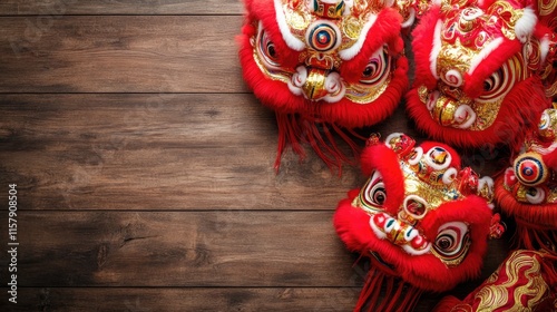 Colorful lion dance masks on wooden background for festive celebrations photo