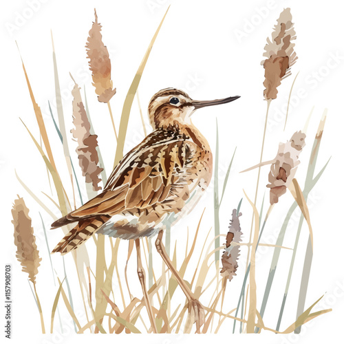 A watercolor drawing of a snipe standing in the reeds, isolated on a white background. Snipe vector.
