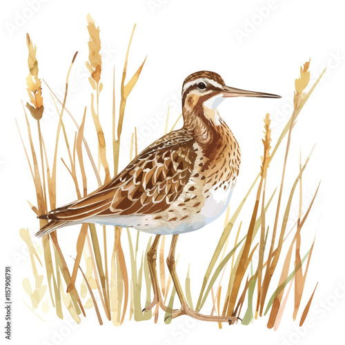 A watercolor drawing of a snipe standing in the reeds, isolated on a white background. Snipe vector.
