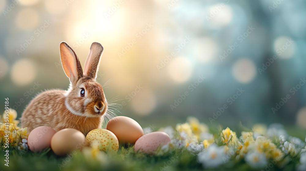 Rabbit is sitting on a field of eggs. The rabbit is looking at the camera Rabbit is sitting on a field of eggs. The rabbit is looking at the camera