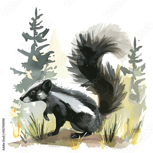 A watercolor painting of a skunk sniffing around the forest, isolated on a white background. Skunk vector.
