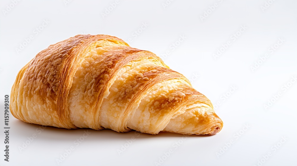 Croissant is sitting on a white background. It is golden brown and has a slightly crispy texture Croissant is sitting on a white background. It is golden brown and has a slightly crispy texture