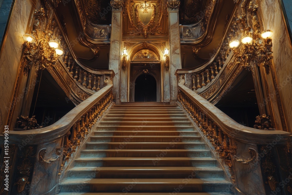 Grand Staircase in Luxurious Palace with Ornate Golden Details and Regal Architecture