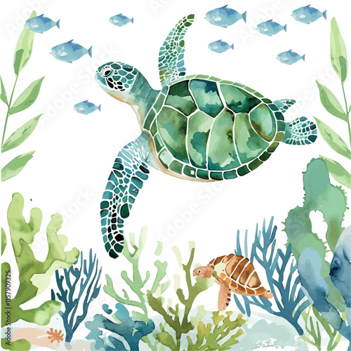 A watercolor vector of a sea turtle swimming in the ocean, isolated on a white background. Sea turtle vector.
