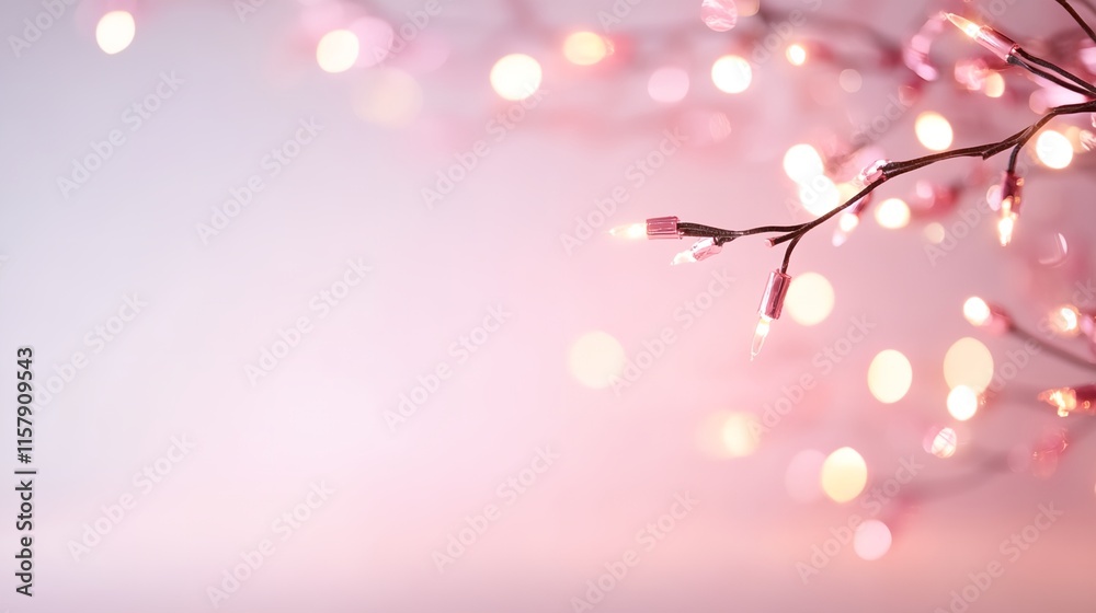 Fototapeta premium Pink tree branch with lights on it. The lights are on the branches and the background is pink