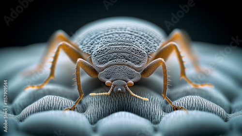 A highly detailed close-up image showcases a textured, realistic insect sitting on a soft, fabric-like surface, highlighting the creature's intricate features.