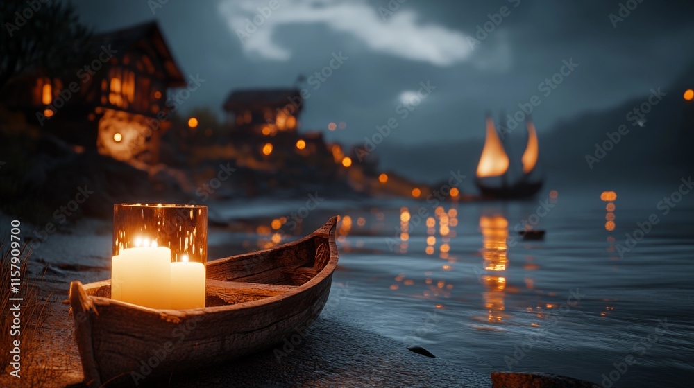 Obraz premium Tranquil Seascape with Candlelight and Bokeh Effects