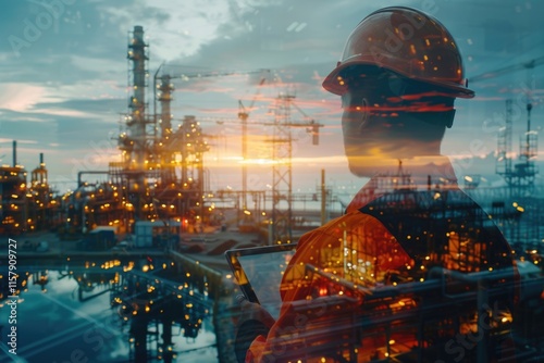 Engineer or technician using tablet on offshore oil platform. photo