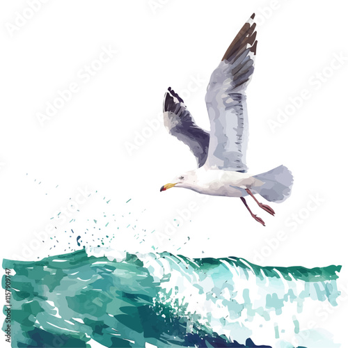 A watercolor clipart of a seagull flying over the ocean waves, isolated on a white background. Seagull vector.
