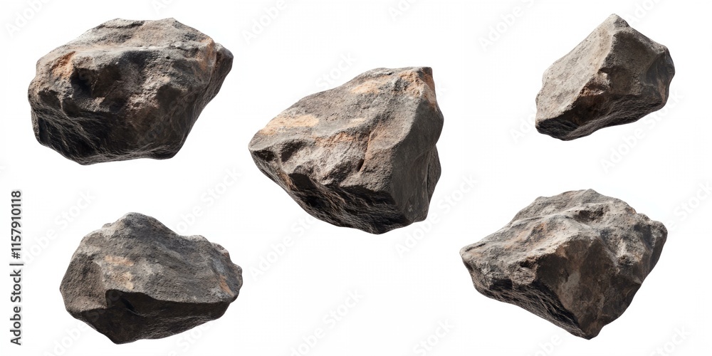 A collection of rocks are shown in various sizes and orientations. Concept of ruggedness and strength, as the rocks are depicted as solid and unyielding A collection of rocks are shown in various sizes and orientations. Concept of ruggedness and strength, as the rocks are depicted as solid and unyielding