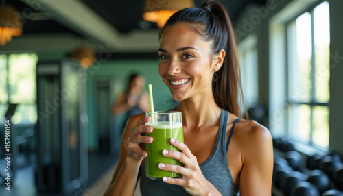 Smiling Woman Enjoying Healthy Smoothie in Gym photo