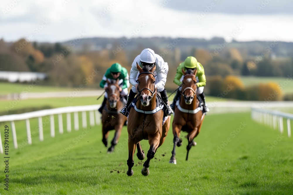 Three horses are racing on a track. One of the horses is wearing a green and white saddle Three horses are racing on a track. One of the horses is wearing a green and white saddle