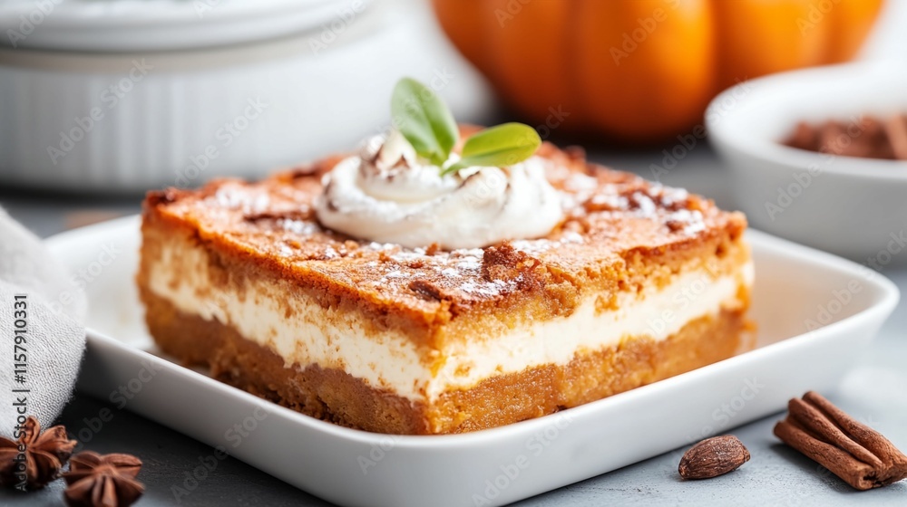 Slice of pumpkin cheesecake with whipped cream on top. The plate is white Slice of pumpkin cheesecake with whipped cream on top. The plate is white