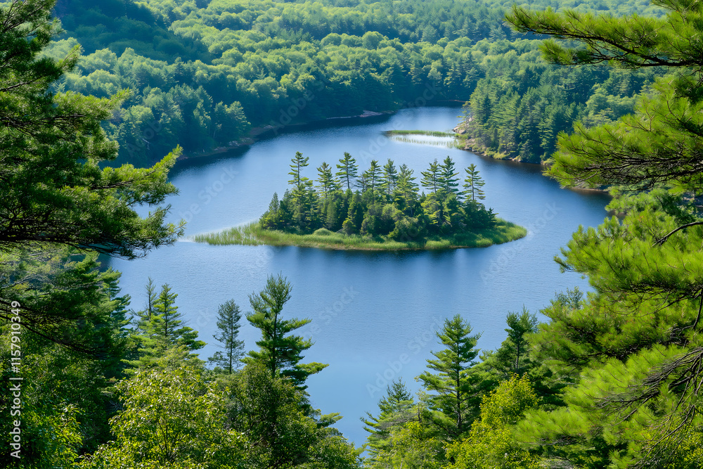 Fototapeta premium Serene Lake View with Island in Lush Green Forest