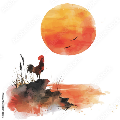 A watercolor of a rooster crowing at sunrise, isolated on a white background. Rooster vector.
