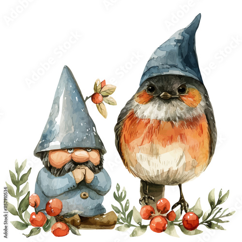 A watercolor painting of a robin perched near a garden gnome, isolated on a white background. Robin vector.
