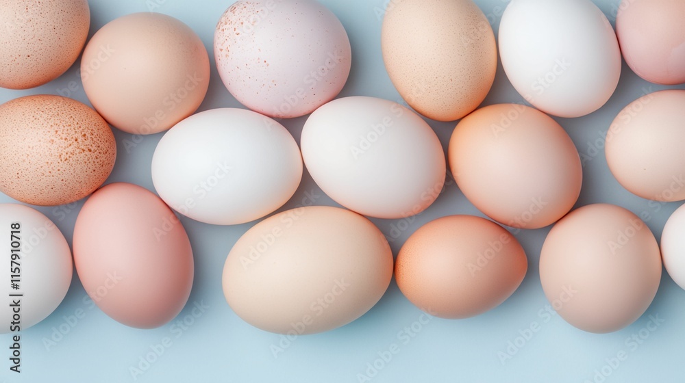 Collection of eggs, some of which are white and some of which are brown, are arranged in a row Collection of eggs, some of which are white and some of which are brown, are arranged in a row