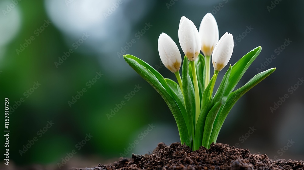 Bunch of white flowers are growing in the dirt. Bunch of white flowers are growing in the dirt.