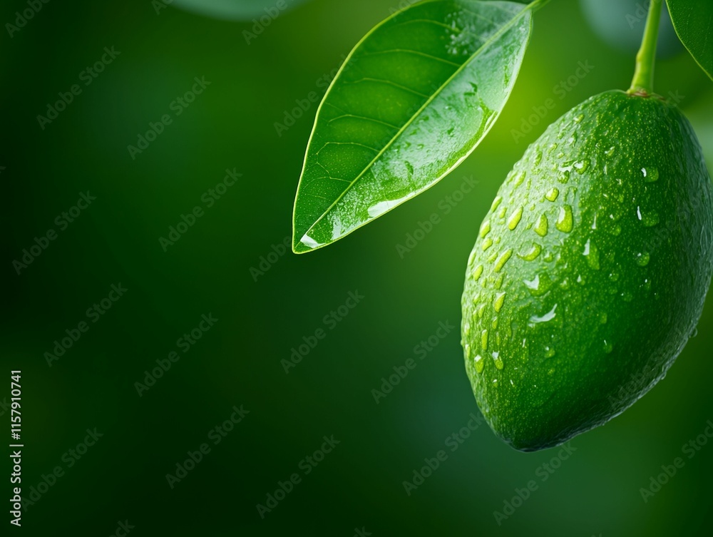 Fototapeta premium Green avocado with a leaf on top. The leaf is wet