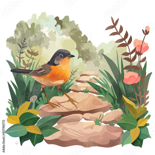 A watercolor drawing of a robin hopping on a garden path, isolated on a white background. Robin vector.

