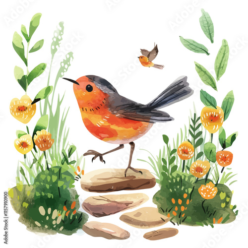 A watercolor drawing of a robin hopping on a garden path, isolated on a white background. Robin vector.
