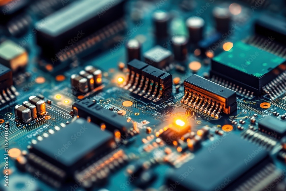 Close-Up of a Circuit Board with Illuminated Components in High-Tech Electronics Close-Up of a Circuit Board with Illuminated Components in High-Tech Electronics