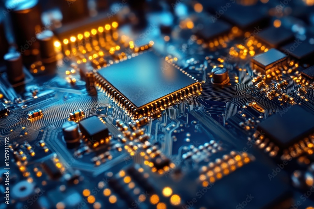 Advanced Circuit Board with Microchip and Golden Illuminated Components Advanced Circuit Board with Microchip and Golden Illuminated Components