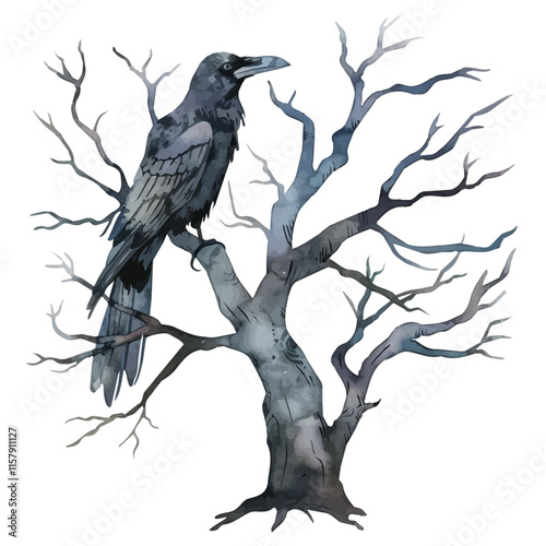 A watercolor drawing of a raven sitting on a spooky tree, isolated on a white background. Raven vector.
