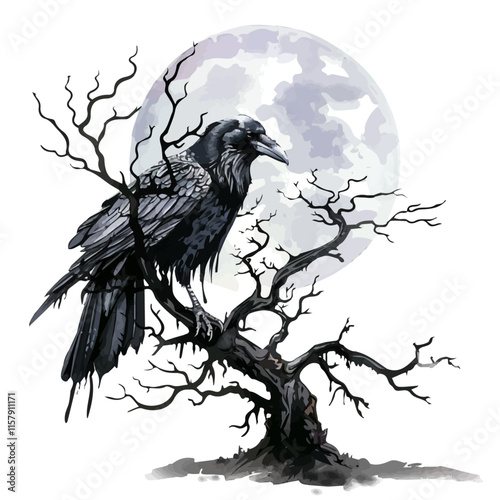 A watercolor drawing of a raven sitting on a spooky tree, isolated on a white background. Raven vector.
