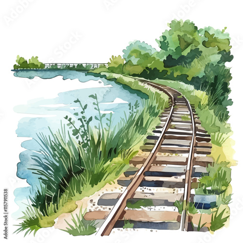 A watercolor painting of a rail running along a riverbank, isolated on a white background. Rail vector.
