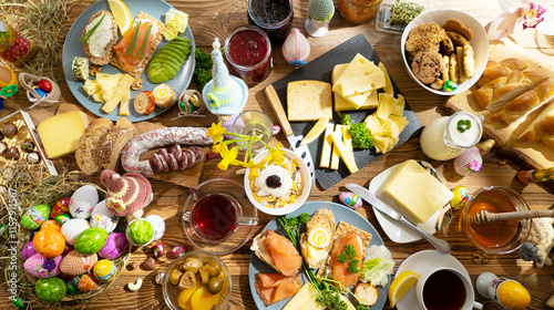 A colorful and inviting brunch spread features an assortment of cheeses, breads, and decorative Easter elements, creating a vibrant and festive dining experience.