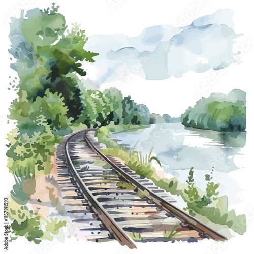 A watercolor painting of a rail running along a riverbank, isolated on a white background. Rail vector.
