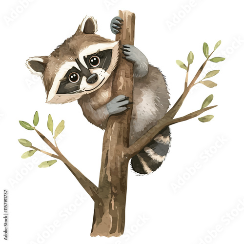 A watercolor vector of a raccoon climbing a tree, isolated on a white background. Raccoon vector.
