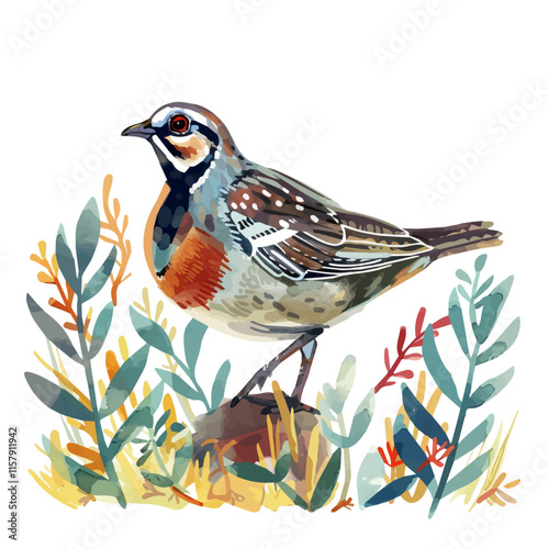 A watercolor of a quail running through brush, isolated on a white background. Quail vector.
