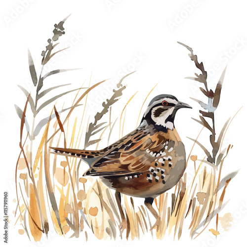 A watercolor vector of a quail hiding in tall grass, isolated on a white background. Quail vector.
