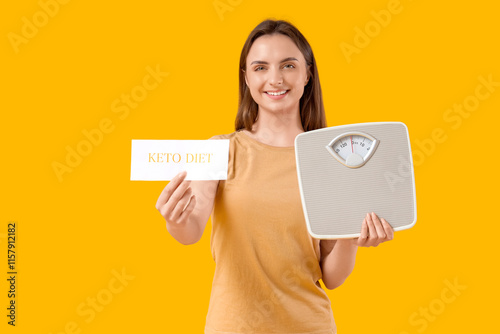 Young woman holding paper with text KETO DIET and weight scales on yellow background