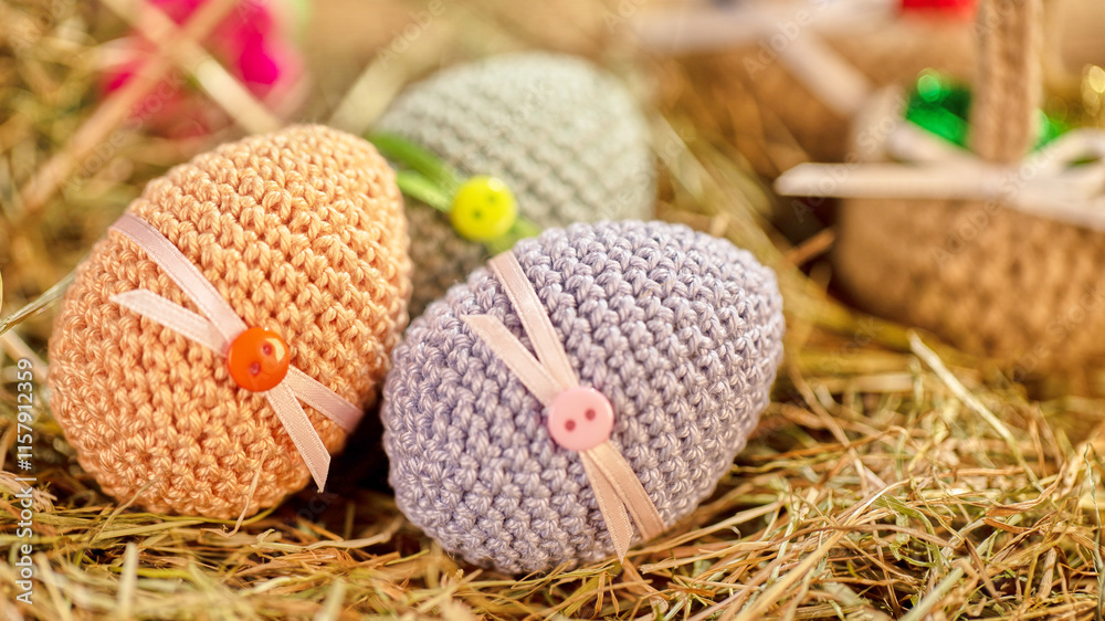 This image features three intricately crocheted Easter eggs, each subtly decorated with ribbon and buttons, placed gently atop straw bedding in vibrant spring colors. This image features three intricately crocheted Easter eggs, each subtly decorated with ribbon and buttons, placed gently atop straw bedding in vibrant spring colors.