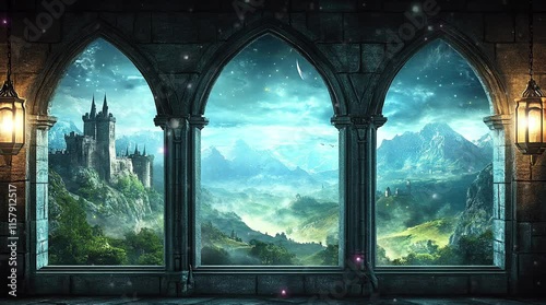 Scenic lush valley viewed from a grand castle balcony window on a sunny day  
Seamless looping 4k time-lapse virtual video animation Generated AI