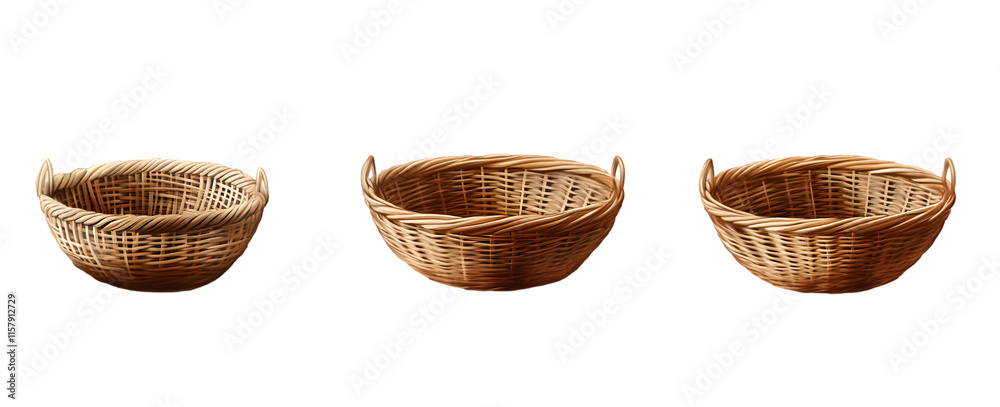 Set of three rustic wicker baskets on a white background, perfect for home decor and storage solutions Set of three rustic wicker baskets on a white background, perfect for home decor and storage solutions