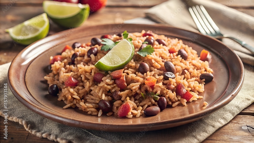 Mexican rice with black beans and lime on a brown plate Mexican rice with black beans and lime on a brown plate